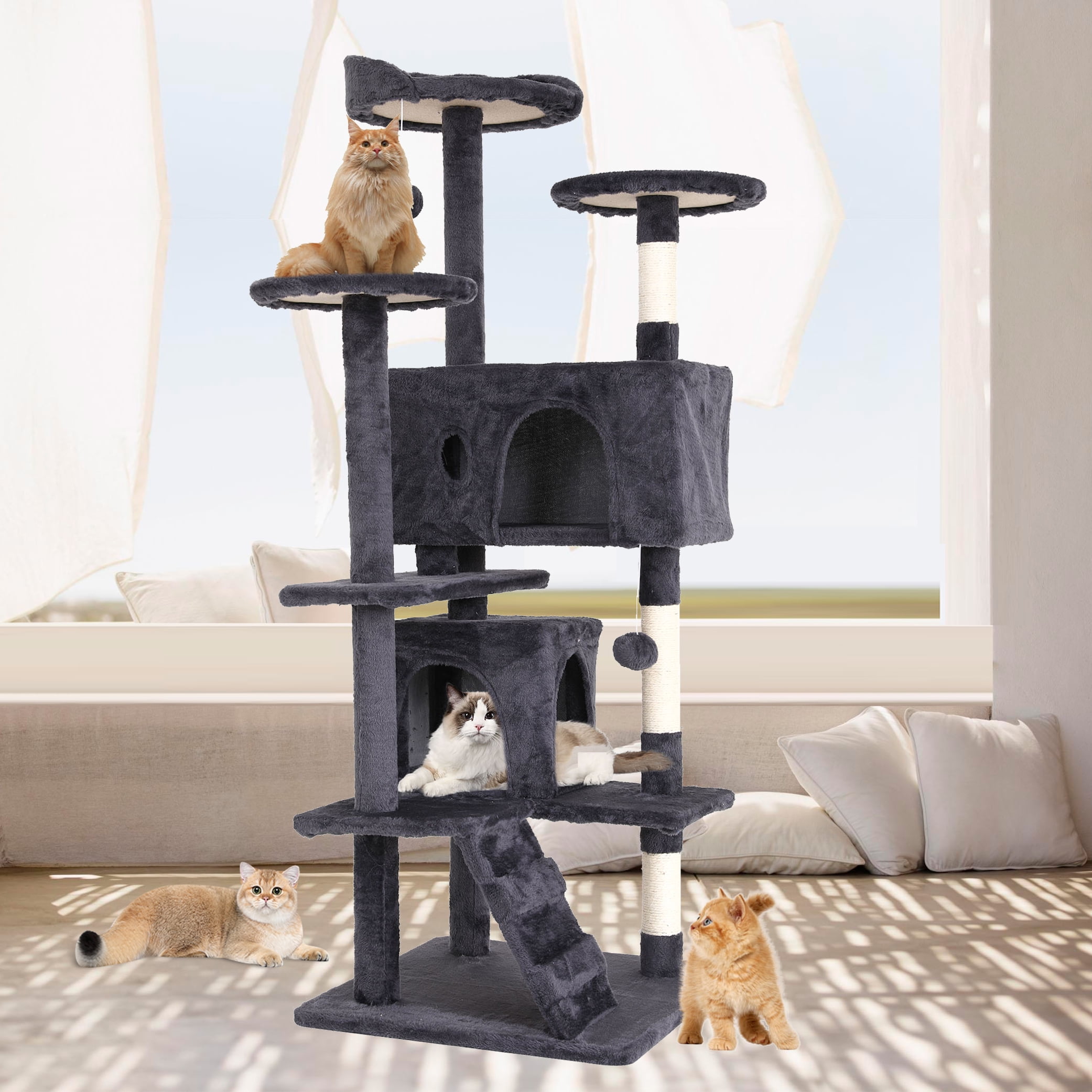 XF XINFENG 54in Cat Tree Tower Stand Multi-Level Kittens Cozy Condo Furniture Cats House with Funny Toys Scratching Sisal Posts for Indoor, Ashy