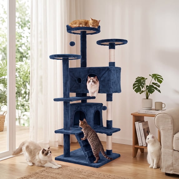 XF XINFENG 54in Cat Tree Tower Playhouse Multi-Level Pet/Cat Cozy Condo Furniture for Indoor Cats with Scratching Posts Stand House, Navy Blue