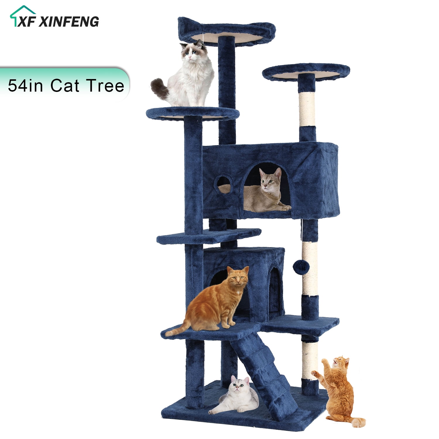 54in Navy Blue Multi-Level Cat Tree Tower with Faux-Fur Cover