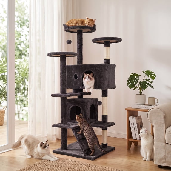 XF XINFENG 54in Cat Tree Tower Playhouse Multi-Level Pet/Cat Cozy Condo Furniture for Indoor Cats with Scratching Posts Stand House, Purple