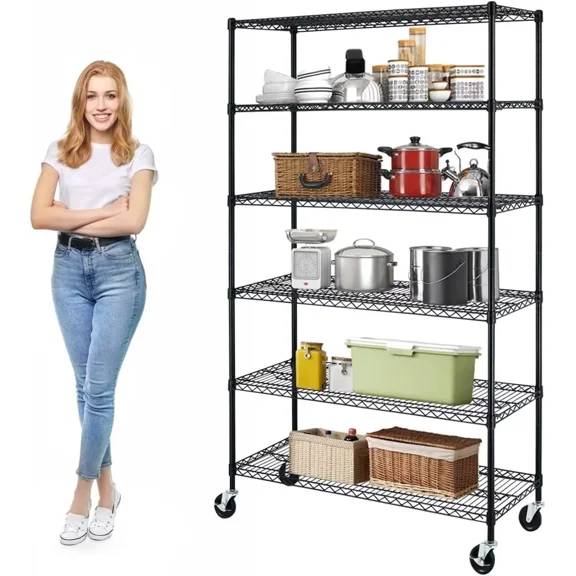 XF XINFENG 6 Tier Wire Shelving Unit 6000lbs Capacity Metal Storage Shelves with Wheels Height Adjustable Heavy Duty Steel Shelf for Kitchen Garage,48" W x 18" D x 72" H, Black