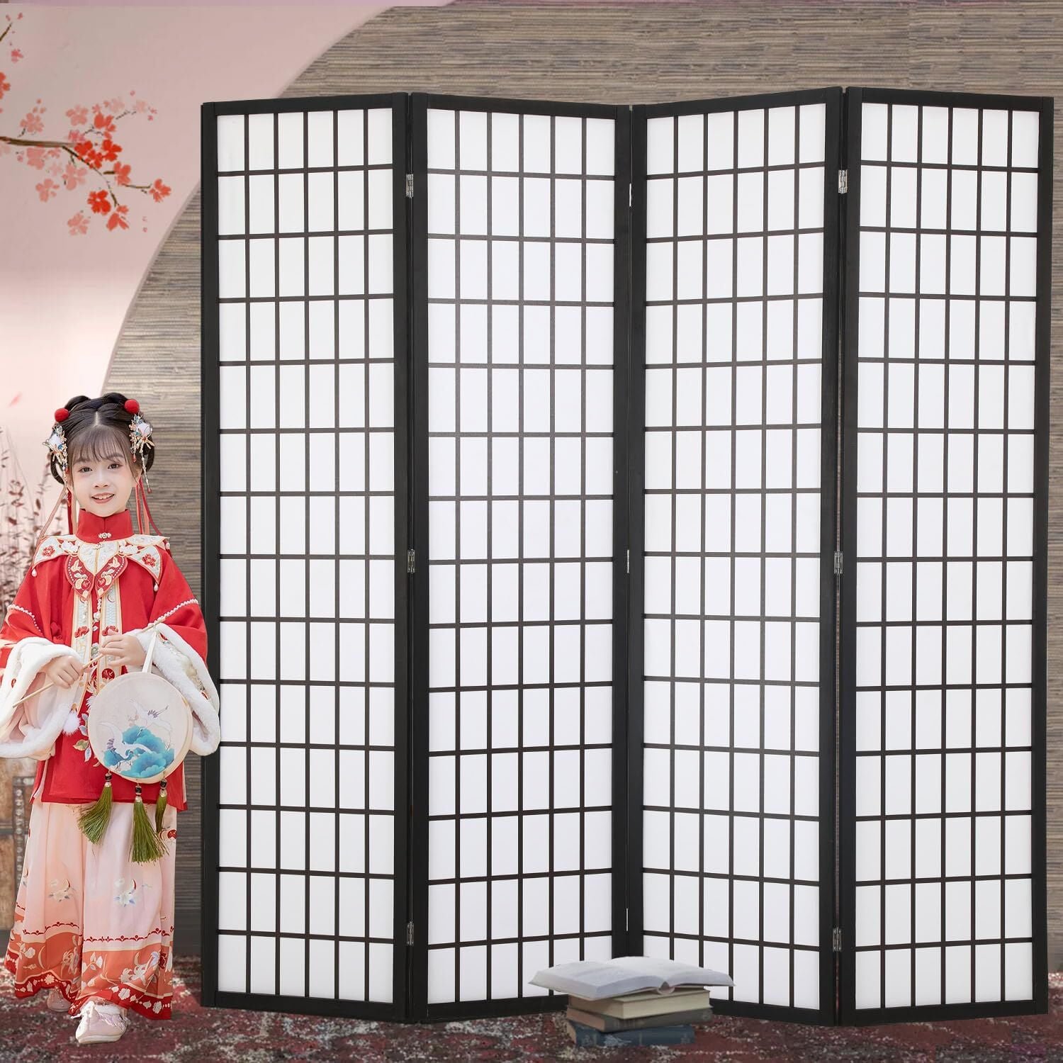 XF XINFENG 6 ft 4 Panel Room Divider, Folding Privacy Divider, Wooden Room Divider Screen, Portable Freestanding Wall Divider, Japanese-Inspired Screen for Home Office Restaurant Bedroom