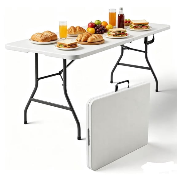 XF XINFENG 6FT Folding Table Plastic Portable Camping Picnic Table with Handle, Indoor Outdoor Dining Table for Party, Backyard Events, White