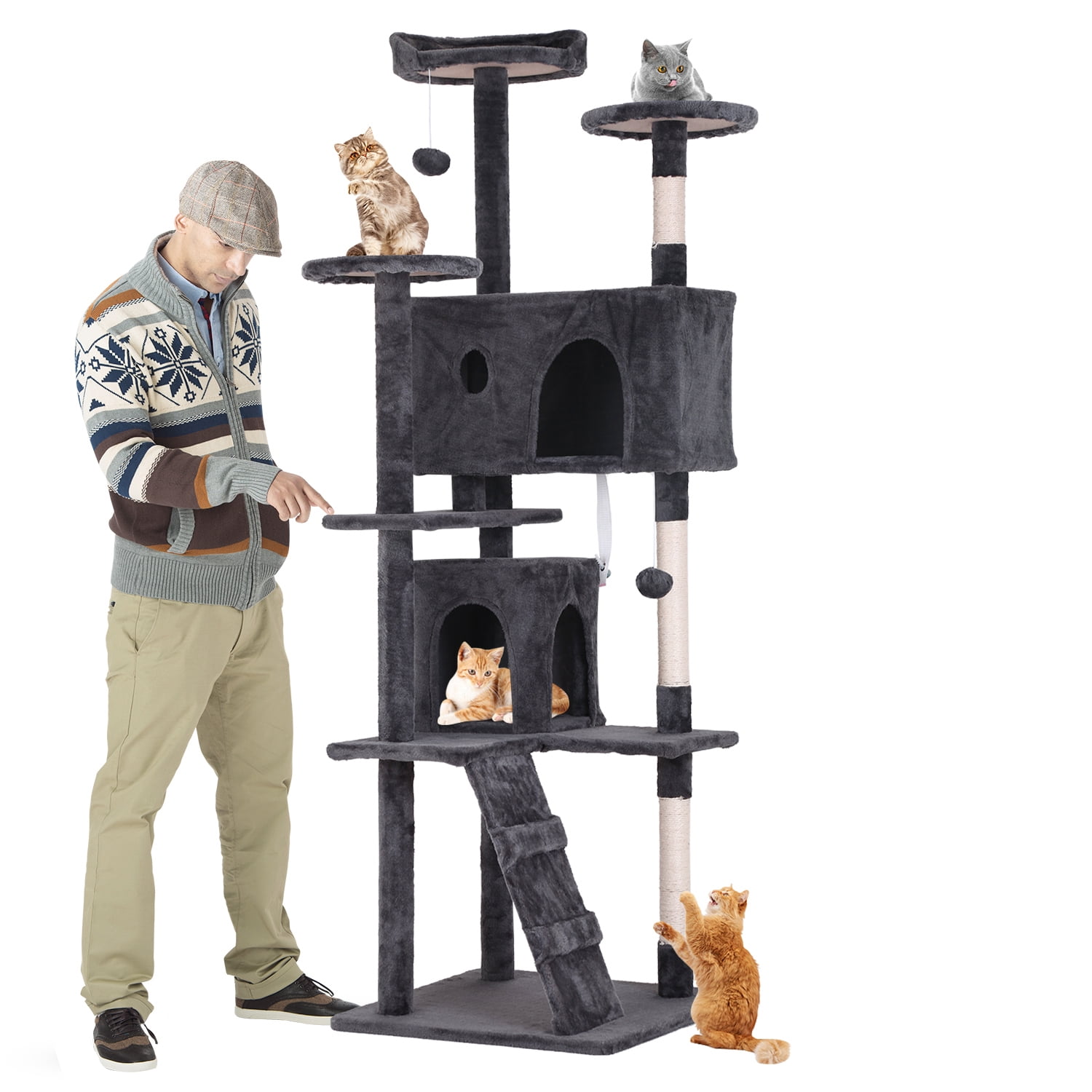 XF XINFENG 70" Cat Tree Tower Playhouse for Indoor Cats with Scratching Posts, Multi-Level Pet Cozy Condo Furniture, Ashy