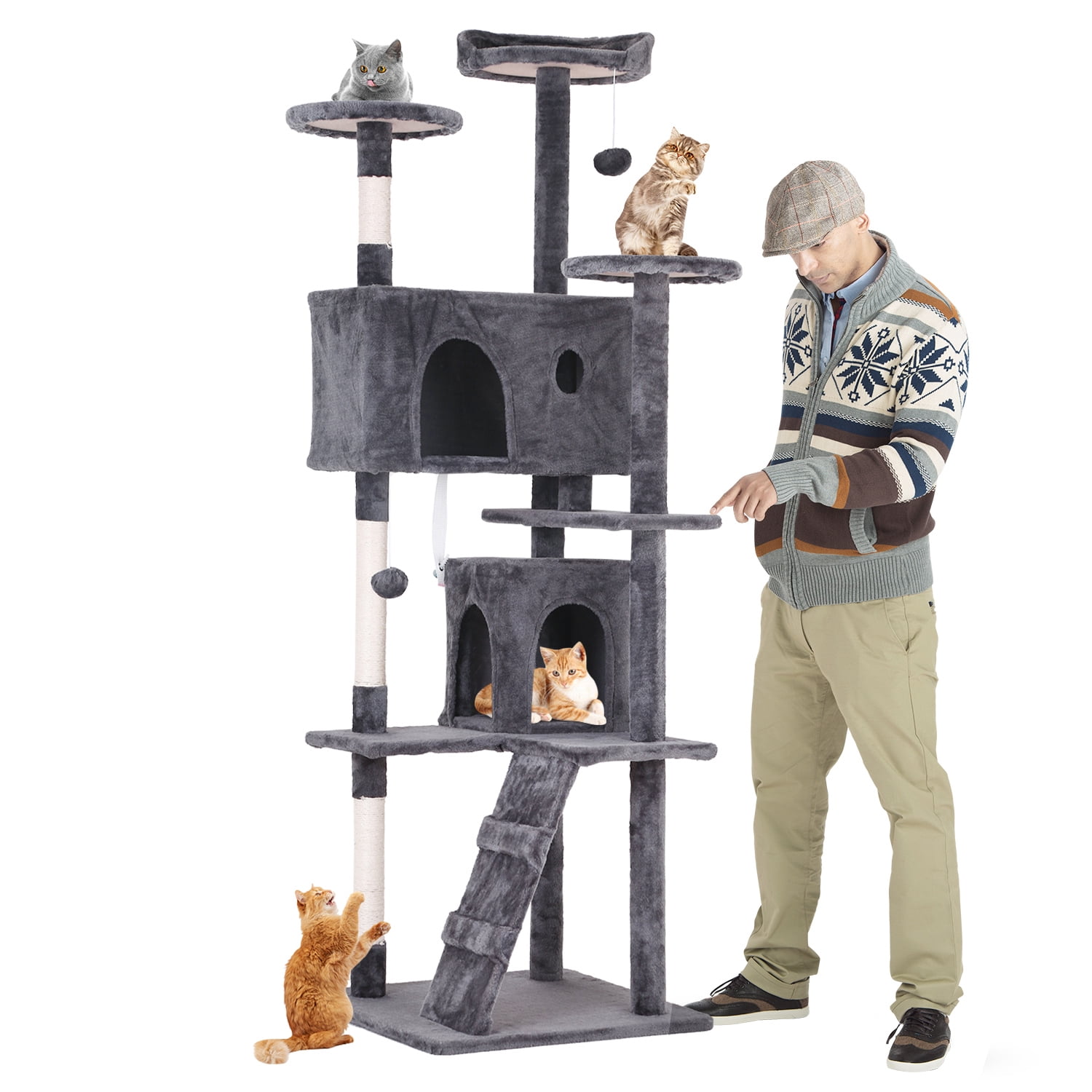 70-inch Light Gray Multi-Level Cat Tree Tower with Sisal Posts