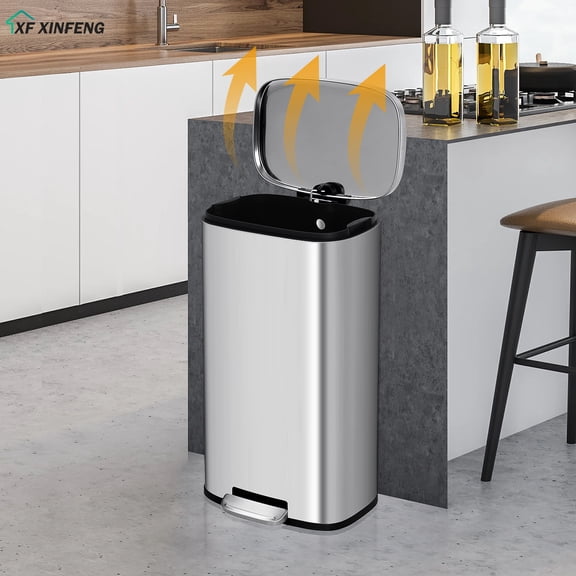 XF XINFENG 8 Gallon/30L Kitchen Trash Can with Lid Step, Rectangular Stainless Steel Trash Bin, Trash Bin Fingerprint-Proof for Office/Bedroom/Bathroom Garbage Can, Silver