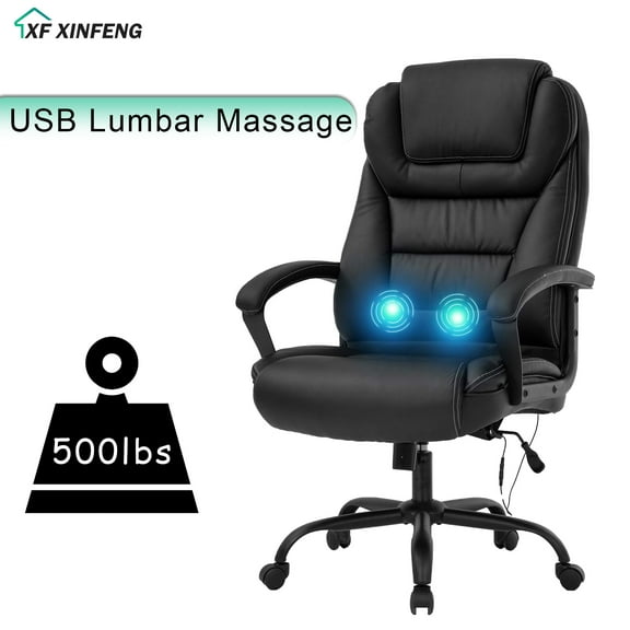 XF XINFENG Big and Tall Office/Home Chair, Lumbar Massage Support, Ergonomic, High Back Capacity 500lbs, PU Leather, Executive/Computer Chair, Wide Seat, Black