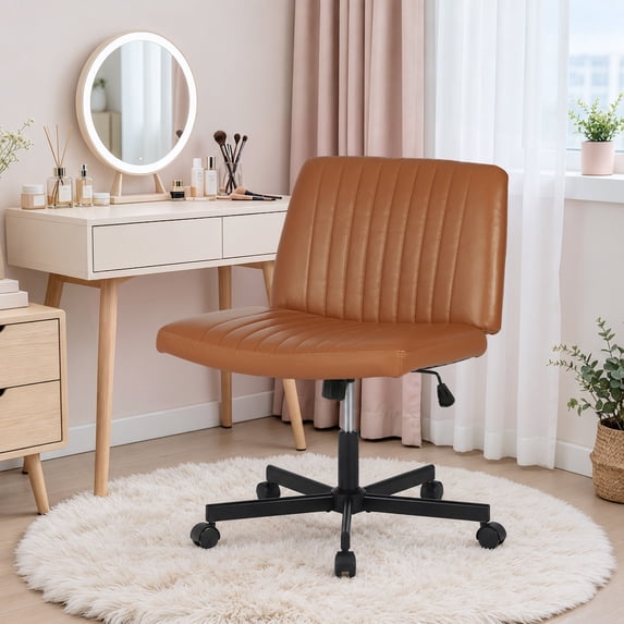XF XINFENG Criss Cross Chair with Wheels – Wide Cross‑Legged Seat, Height‑Adjustable Swivel, 300 lbs Armless Fabric Task Chair, Ergonomic Vanity & Desk Seating for Home, Dorm, Brown