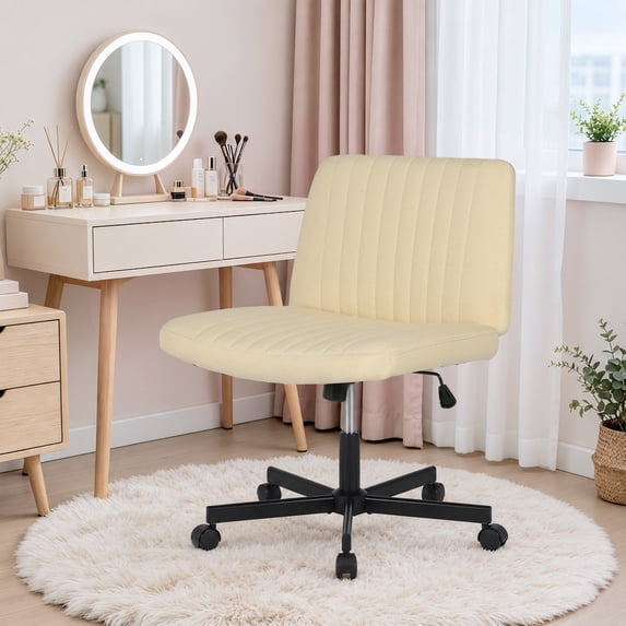 XF XINFENG Criss Cross Chair with Wheels – Wide Cross‑Legged Seat, Height‑Adjustable Swivel, 300 lbs Armless Fabric Task Chair, Ergonomic Vanity & Desk Seating for Home, Dorm, Beige