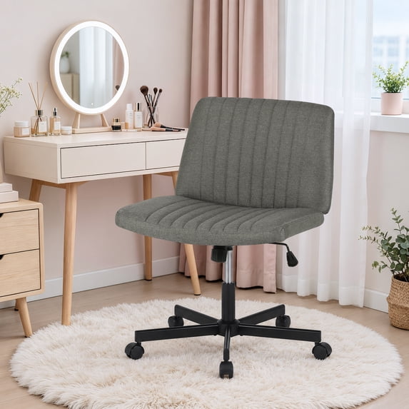 XF XINFENG Criss Cross Chair with Wheels – Wide Cross‑Legged Seat, Height‑Adjustable Swivel, 300 lbs Armless Fabric Task Chair, Ergonomic Vanity & Desk Seating for Home, Dorm, Grey