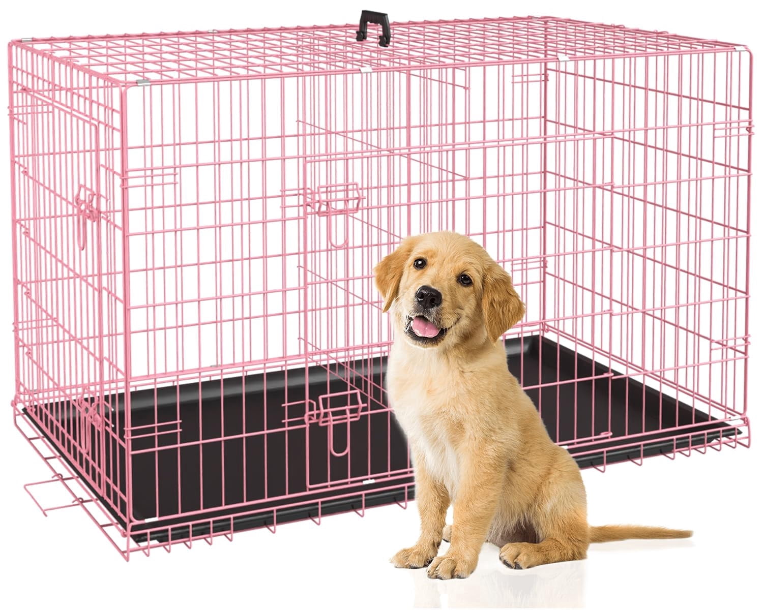 XF XINFENG Dog Crate Kennel for small dogs 30 inches Metal Dog Cage Double-Door Folding Travel Indoor Outdoor Puppy Playpen with Divider,Pink