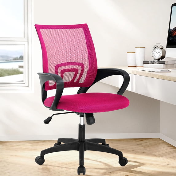 XF XINFENG Ergonomic Office Chair, Breathable Mesh, High Elasticity Sponge, Adjustable Backrest, Computer Chair with Armrests and Rollers, Pink