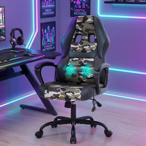 XF XINFENG Gaming Chair Ergonomic Office Chair, PU Leather Computer Chair with Lumbar Massage, Height Adjustable 360° Swivel Racing Chair for Adult, Camo