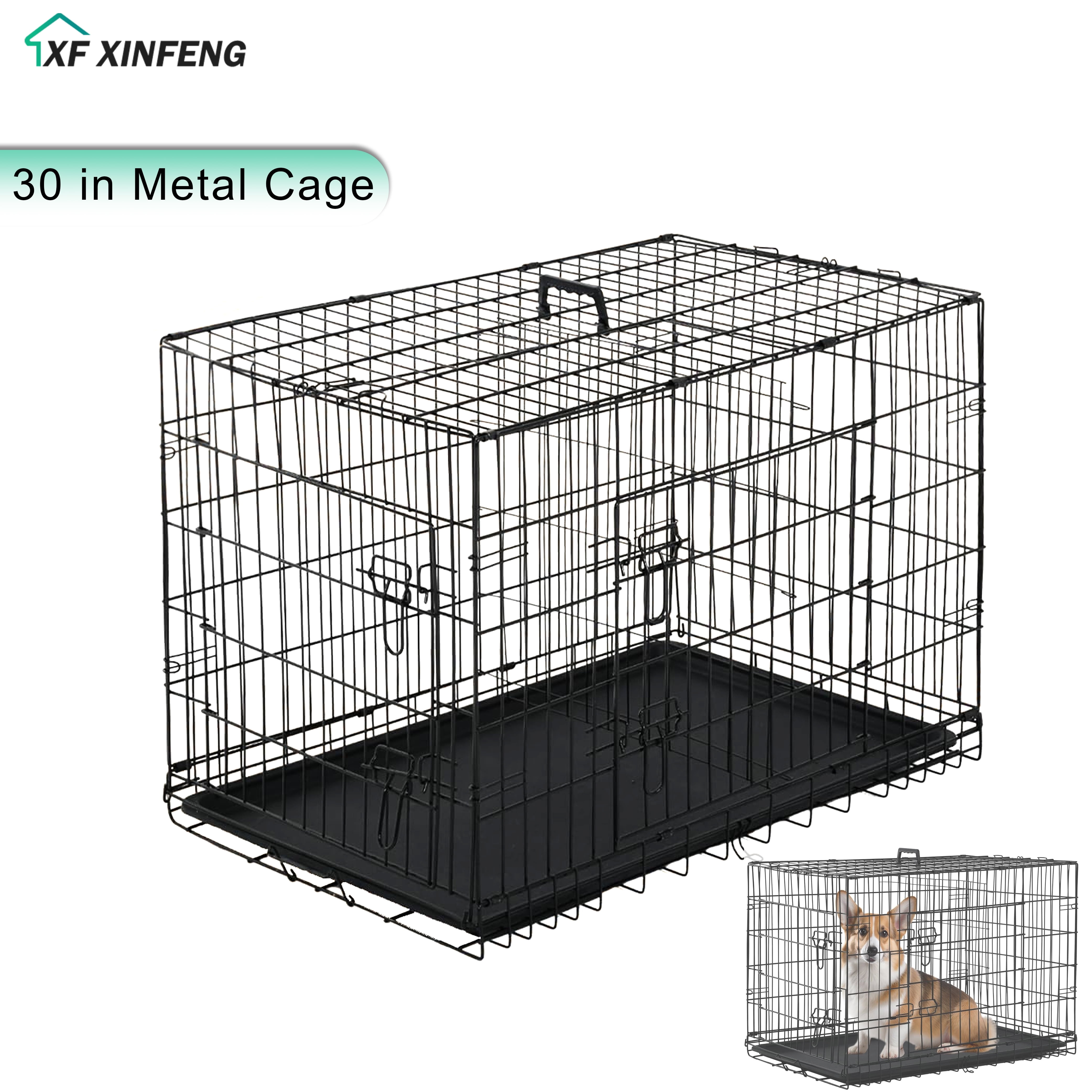 XF XINFENG Large Dog Crate Kennel for Medium Large Dogs 30 inches Metal Dog Cage Double-Door Folding Travel Indoor Outdoor Puppy Playpen with Divider
