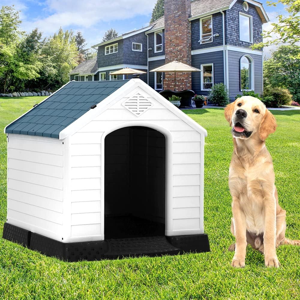 XF XINFENG Large Dog House Plastic Indoor Outdoor Waterproof Dog Kennel with Air Vents Elevated Floor( Blue, 41''L*37.4''W*39''H)
