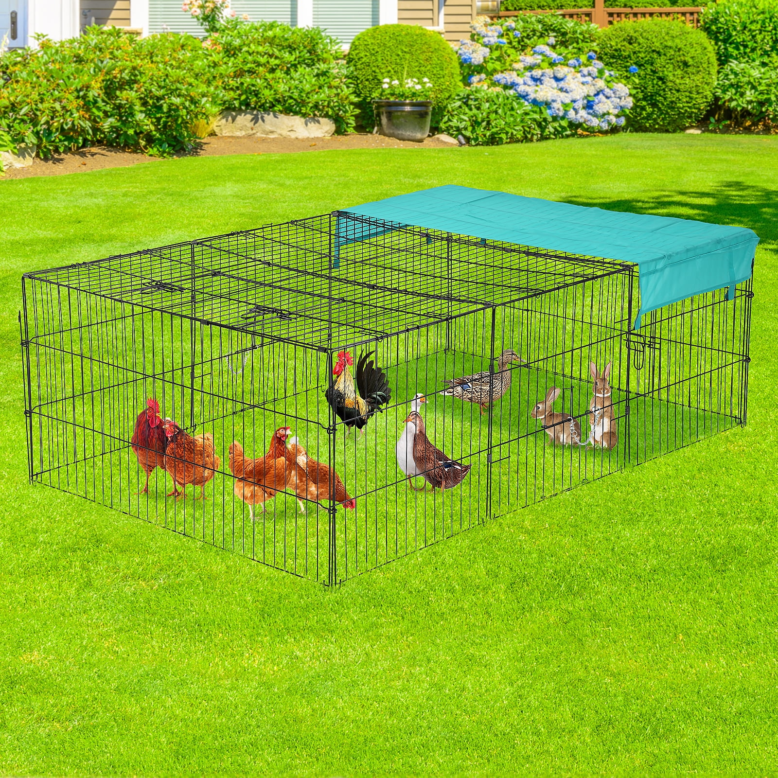 Large Black Metal Chicken Coop with Green Weatherproof Cover