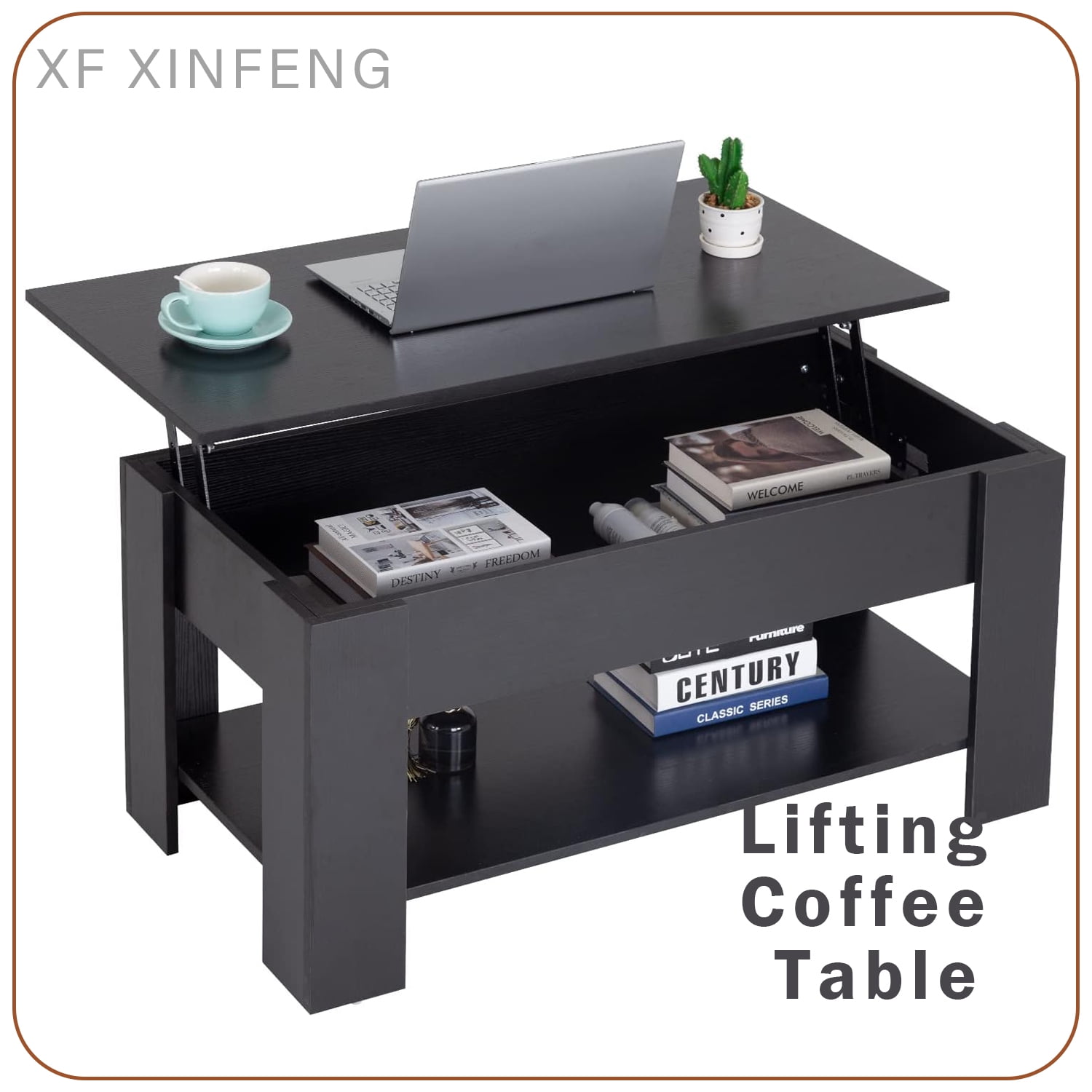 Black Rectangular Wood Lift-Top Coffee Table with Storage