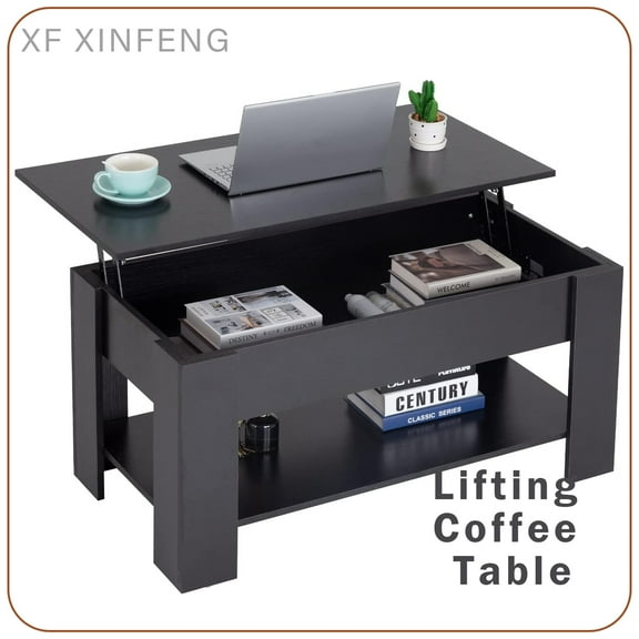 XF XINFENG Lift Top Coffee/Tea Table with Storage Shelf for Home/Living /Reception Room, Black