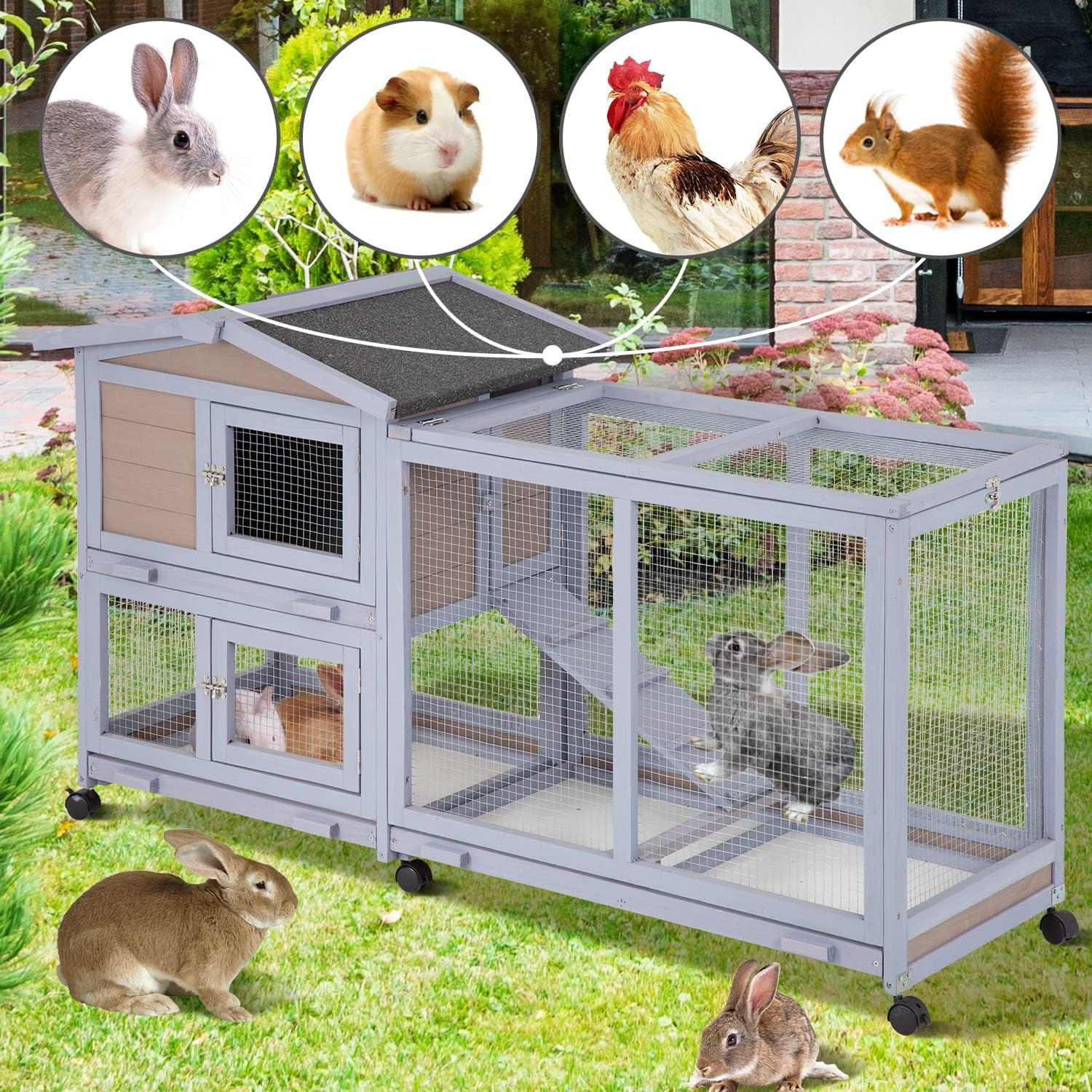 XF XINFENG Multi-Use Small Animal Hutch with Wheels, Removable Tray & Waterproof Roof–Indoor/Outdoor Cage for Rabbits, Guinea Pigs (Grey)