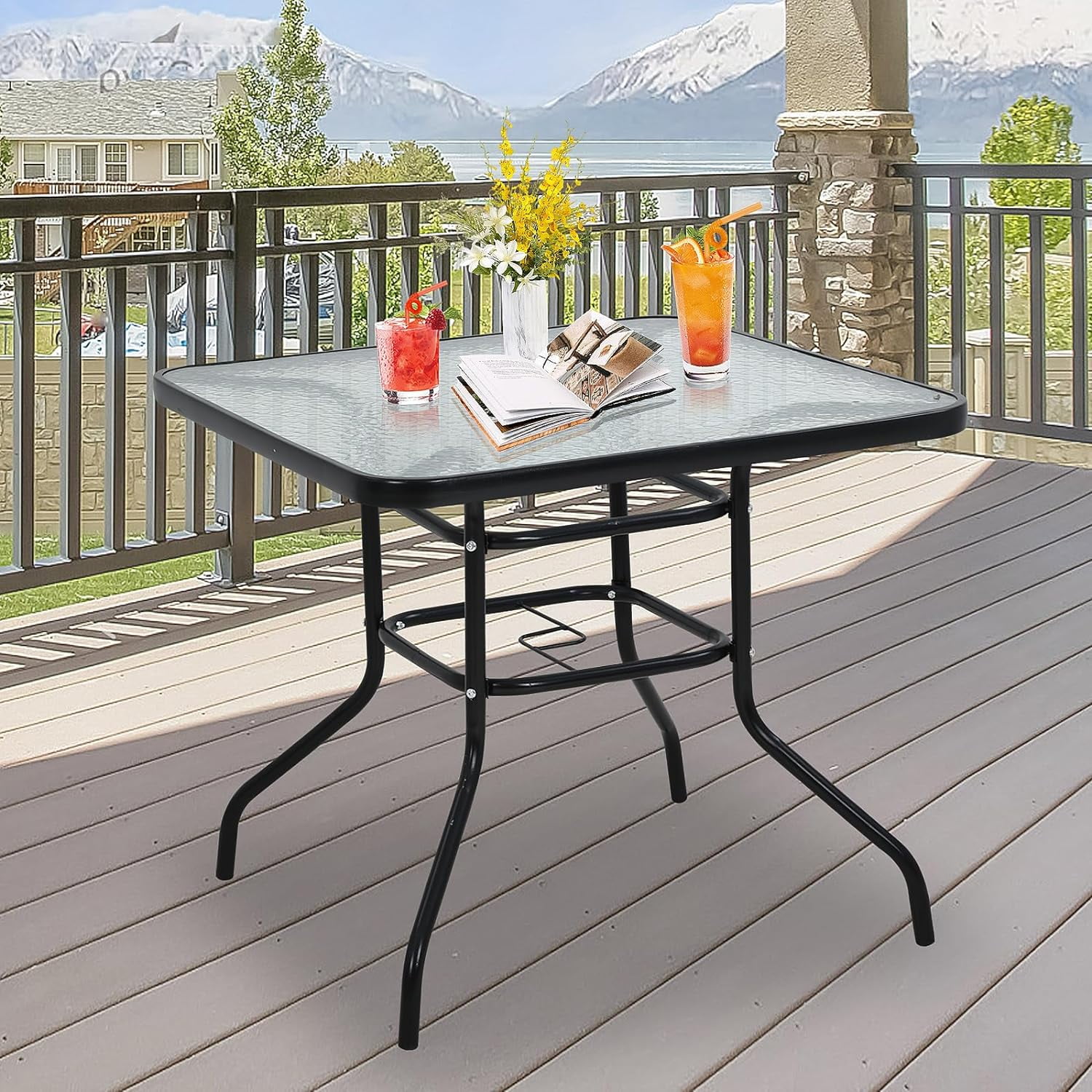 32 inch patio table with umbrella hole DREAMADE Table, Outdoor Dining Furniture w/ 1.65 Hole, Sturdy Metal Frame Tempered Glass Top, Small Accent Bistro Coffee for Deck, Balcony, Garden, Pool, Backyard Its compact structure and beautiful texture can surprisingly highlight your home decor 32" Patio Tempered Glass Steel