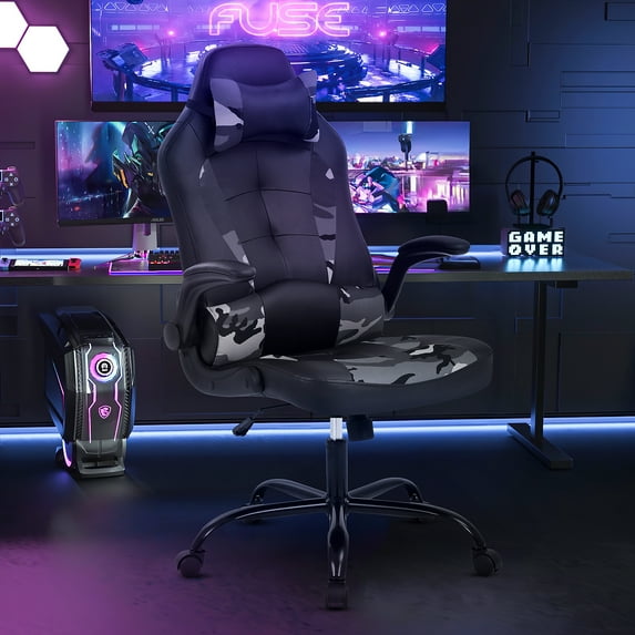 XF XINFENG PC Gaming Chair PU Leather, High Back Office Chair with Lumbar Support Headrest, Flip Up Arms, Camo
