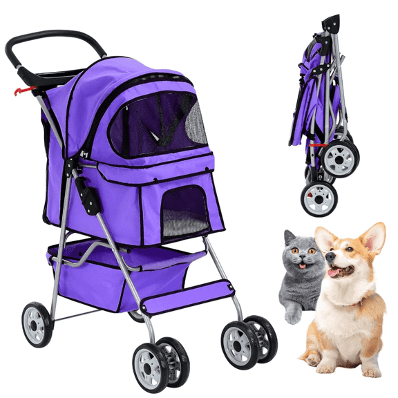 XF XINFENG Pet Stroller, 4 Wheel Portable Foldable Cat Dog Stroller Travel Carrier for Small Medium Dogs & Cats, 33 lbs Capacity Jogger Stroller with Cup Holder & Storage Basket, Purple