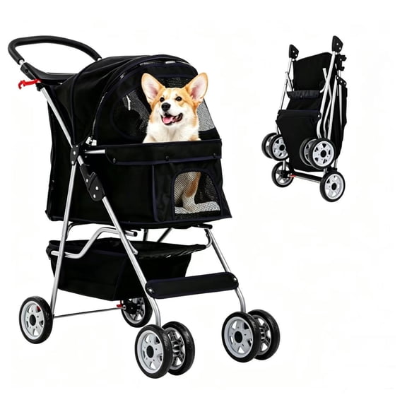 XF XINFENG Pet Stroller, 4 Wheel Foldable Dog Cat Stroller for Small Medium Dogs & Cats, 33 lbs Capacity Jogger Stroller with Cup Holder & Storage Basket, Black
