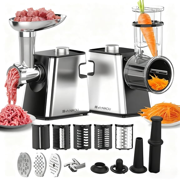 XFCNIKOU Electric Meat Grinder, Cheese Grater, 2800W Max Steel Veggie Shredder, Vegetable Cutter with 5 Slice Blades, 3 Grinding Plates, Sausage Stuffer & Kubbe Kit, for Home Kitchen Use Y101