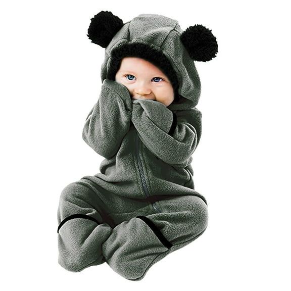 XFHLMJFF Baby Bear Ears Jumpsuit Hooded Footed Long Sleeve Winter Solid Color Onesies Size 6-12 Months
