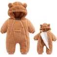 thumbnail image 1 of XFHLMJFF Baby Bear Ears Jumpsuit Solid Color Long Sleeve Romper Outfit Thick Hooded Clothes Warm Coat for 0-12 Months, 1 of 9
