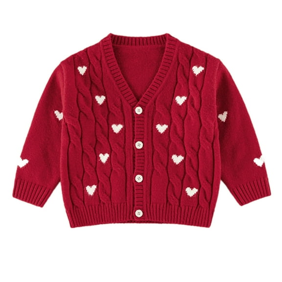 XFHLMJFF Baby Girls Knit Sweater V Neck Button Cardigan Love Heart Embroidery Blouse Kids Warm Crewneck Long Sleeve Tops 18-24 Months