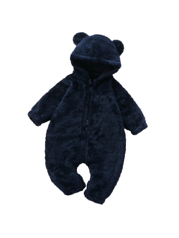 Baby Jumpsuits Boys Girls Bear Ears Onesie Autumn Winter Warm Crawling Solid Color Long Sleeve Zipper Overalls Children Pajamas 3-6 Months