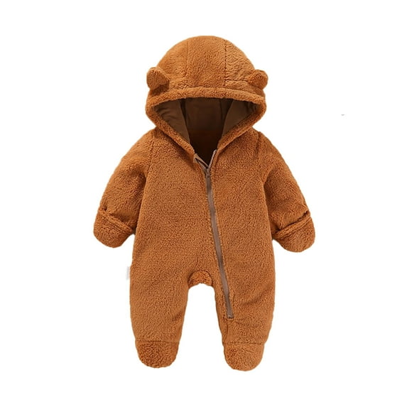 XFHLMJFF Bear Ears Jumpsuit Hooded Baby Coral Pajamas Girls Boys Zipper Long Sleeve Solid Color Winter Jumpsuit Hooded for 6-9 Months