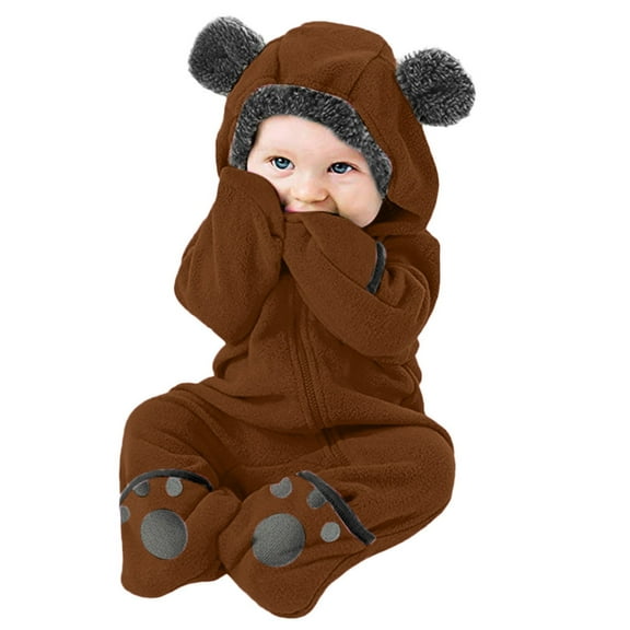XFHLMJFF Bear Ears Jumpsuit Hooded Cartoon Solid Color Long Sleeve Winter Bodysuit Boys Baby Onesies Size 18-24 Months
