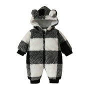 XFHLMJFF Bear Ears Jumpsuit Plaid Color Block Girls Boys Hooded Long Sleeve Romper Warm Coat Size 0-18 Months