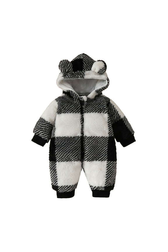 Bear Ears Jumpsuit Plaid Color Block Girls Boys Hooded Long Sleeve Romper Warm Coat Size 0-18 Months