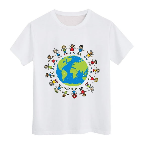 XFHLMJFF Boys Novelty T Shirts Kids Comfortable Breathable Children Earth Cartoon Printed Children's Day Clothing Unisex Tees Top Clothes Size 4-5Y