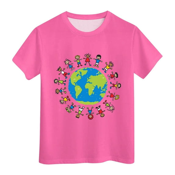 XFHLMJFF Boys Shirts Short Sleeve Kids Comfortable Breathable Children Earth Cartoon Printed Children's Day Clothing Basic Tees Casual Tops Size 2-3Y