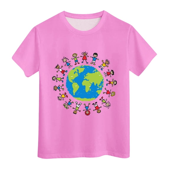 XFHLMJFF Boys Shirts Short Sleeve Kids Comfortable Breathable Children Earth Cartoon Printed Children's Day Clothing Basic Tees Casual Tops Size 8-9Y