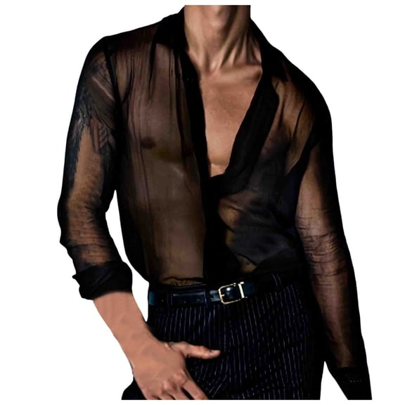 XFHLMJFF Button Down Men Shirts Beach Summer Casual Chic Male Spring Sexy Thin See Through Breathable Nightclub Performance Clothing Black Top Trendy Blouse