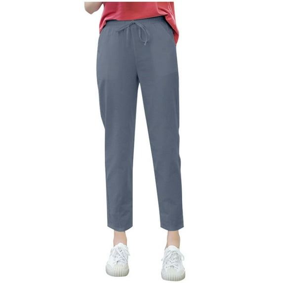 XFHLMJFF Capri Pants For Women Casual 2024 Summer Drawstring Elastic High Waist Cotton Wide Leg Long Slacks Summer