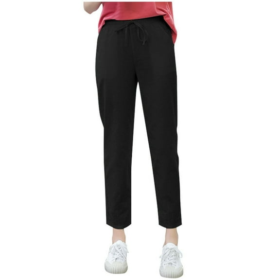 XFHLMJFF Capri Pants For Women Casual 2024 Summer Drawstring Elastic High Waist Cotton Wide Leg Long Travel Vacation Outfits