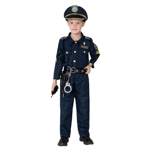 XFHLMJFF Carnival Toddler Police Officer Dress Up Outfit for Boys Kids Cop Outfit for Party Show Performance Hat+Top+Pants+Belt+Sunglasses+Whistle+Id+Walkie-Talkie+Baton+Hands+Bag 11Pcs Set