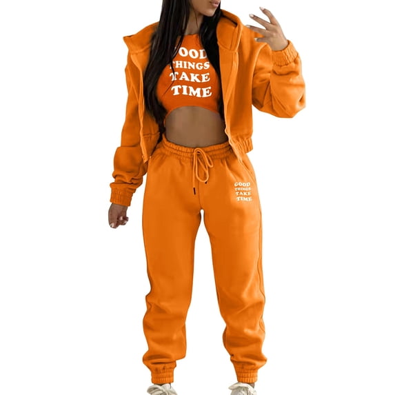 XFHLMJFF Casual Women's Pants Tops Suit Two Pieces Set Flowy Comfy Tracksuit Autumn Winter Vest Fashionable Prints Zipper Hooded Stylish Trousers Outfits
