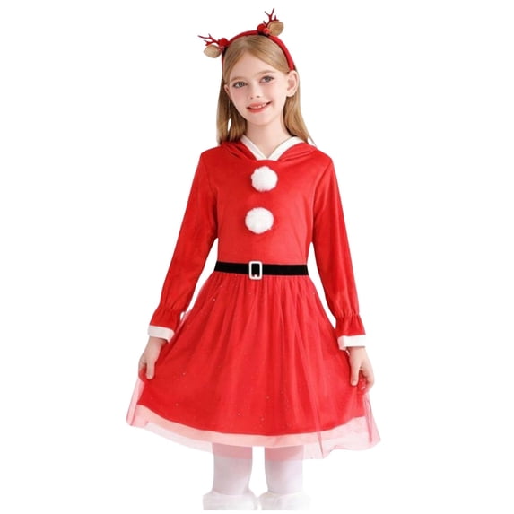 XFHLMJFF Girls Cute Dress Christmas Santa Children Shawl Cape Red Colored Long Sleeve Fashion Party Tulle Dresses Size 110-150