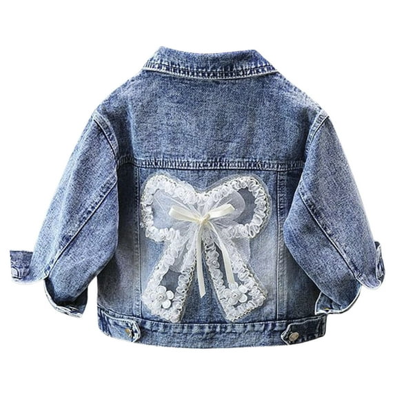 XFHLMJFF Girls Denim Jacket Bowboy Long Sleeve Cute Fashion Trendy Warm Tops Jeans Coat Size 4-5 Years