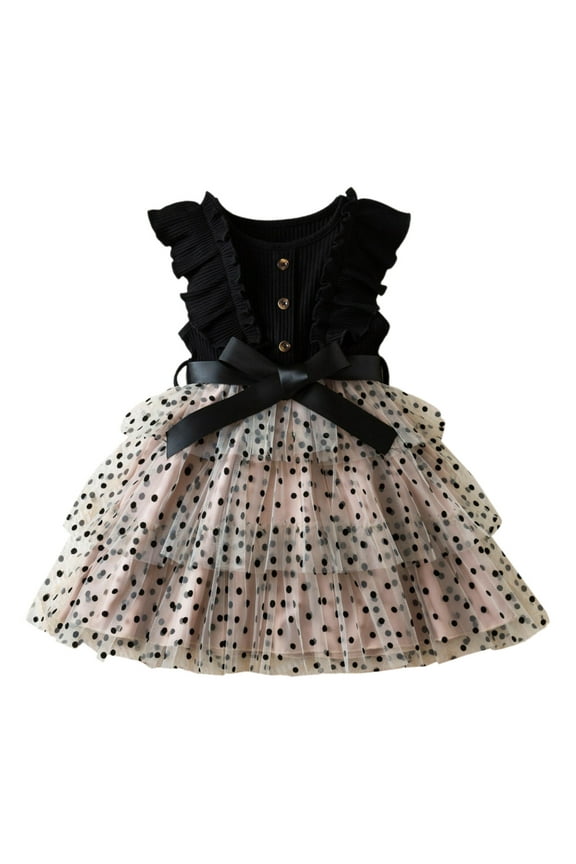 Girls Dress Children Kids Summer Sleeveless O-Neck Mesh Dot Print With Belt Princess Casual Frocks Cute Sundress