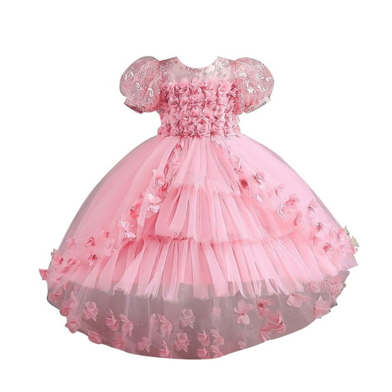 XFHLMJFF Girls Dress Children Short Sleeve O-Neck New Lace Flower Petal Wedding Princess Kids Frocks Cute Sundress