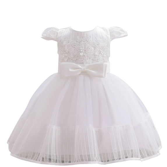 XFHLMJFF Girls Dress Kids Toddler Baby Spring Summer Print Ruffle Short Sleeve Solid Color Princess Lace Tulle Party Frocks Lovely Sundress