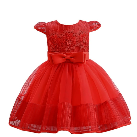 XFHLMJFF Girls Dress Kids Toddler Baby Spring Summer Print Ruffle Short Sleeve Solid Color Princess Lace Tulle Party Frocks Trendy Sundress